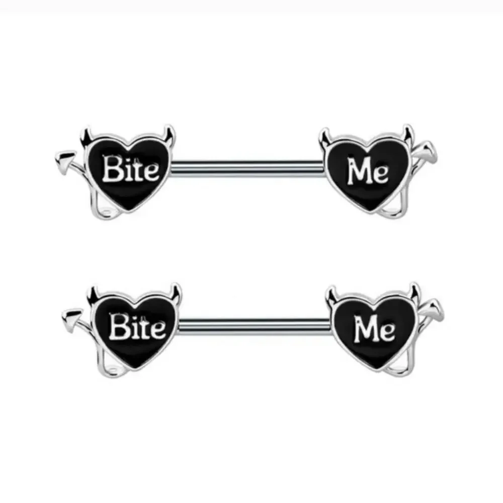 Bite Me naughty barbell nipple rings pair 14g stainless steel black silver heart